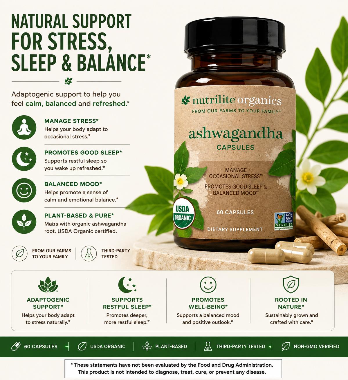 Amway Nutrilite Organic Ashwagandha Capsules 60 Count | Ashwagandha with Rosemary Extract | 890 mg Ashwagandha | Plant-Based 