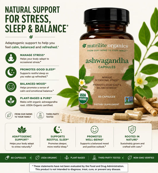 Amway Nutrilite Organic Ashwagandha Capsules 60 Count | Ashwagandha with Rosemary Extract | 890 mg Ashwagandha | Plant-Based 