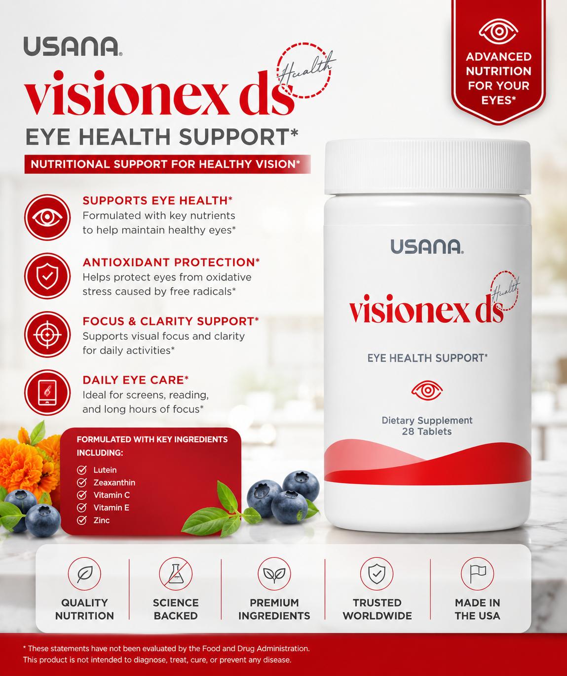 USANA Visionex DS | Lutein Zeaxanthin Bilberry Eye Nutrition Supplement Daily Wellness Essential Nutrients Antioxidant Support Cellular Nutrition Healthy Lifestyle Daily Supplement Nutritional Wellness Premium Formula