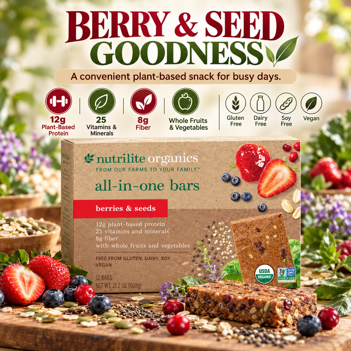 Amway Nutrilite Organics All-in-One Bars Berries & Seeds 12 Pack | Vegan Protein Snack Bar with Fiber Vitamins Minerals | USDA Organic | Plant-Based | Berry & Seed Flavor | Organic Plant Ingredients | 12 Bars | Original Formula for Adult | Nutritional Bar