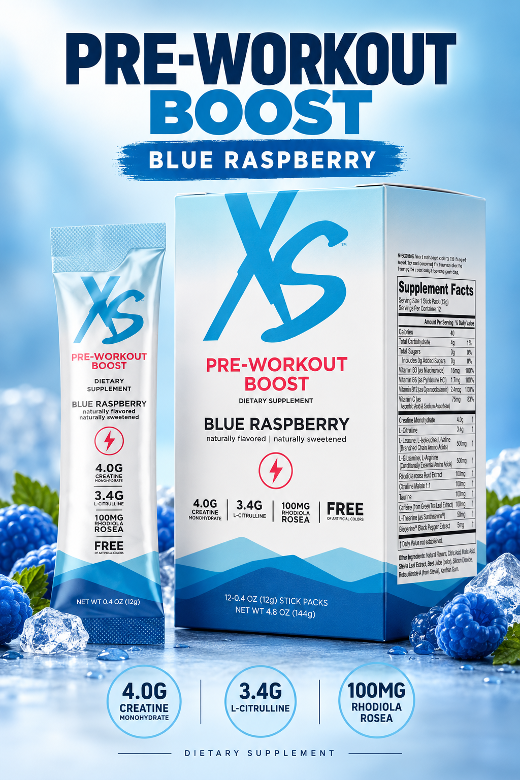 Amway XS Pre-Workout Boost Blue Raspberry, 12 Stick Packs, Pre-Workout Drink Mix, Blue Raspberry Pre-Workout, XS Pre-Workout Stick Packs, Blue Raspberry Drink Mix, 12 Pack, Amway XS Pre-Workout, Blue Raspberry Flavor, Stick Pack Drink Mix, 12 Serving Pack