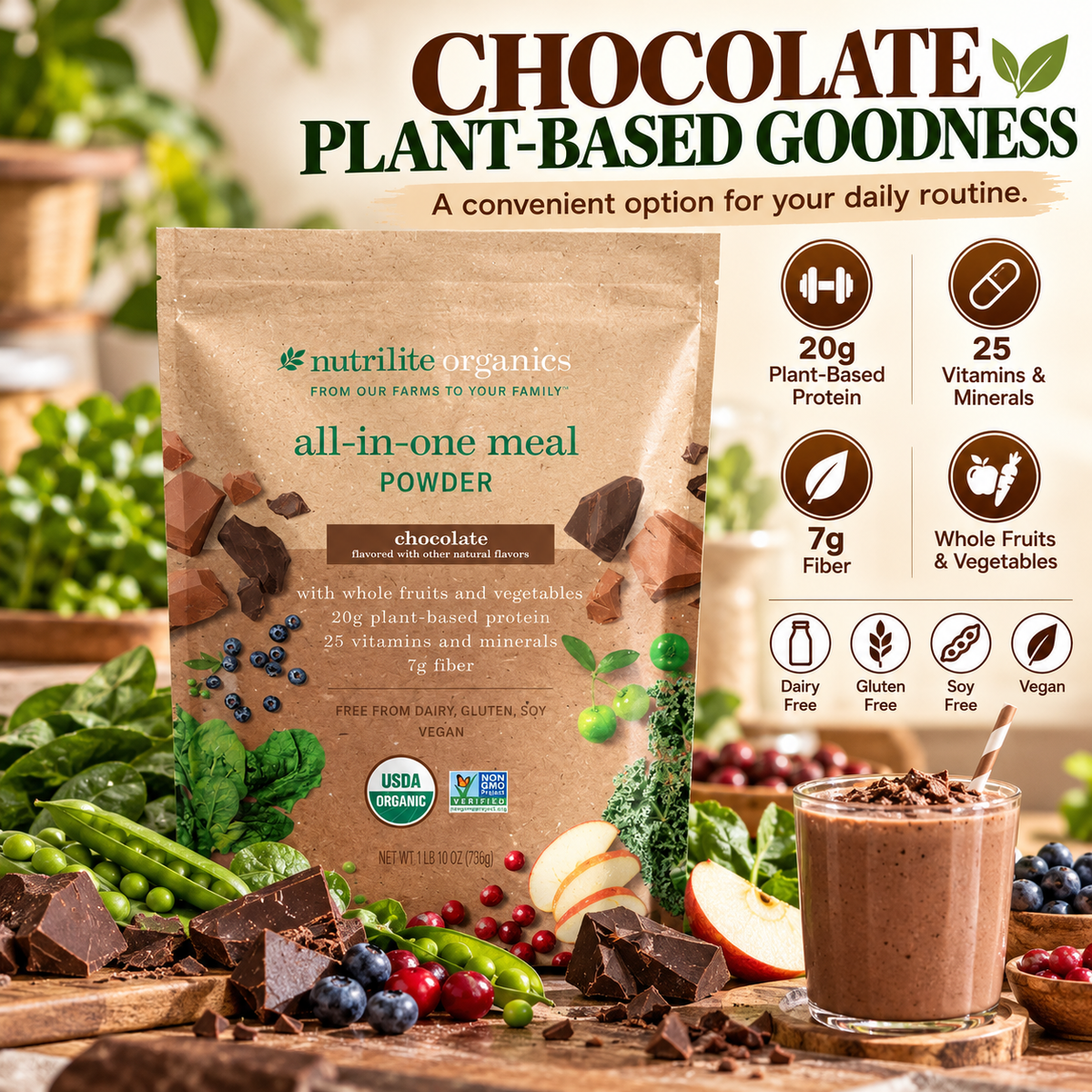 Amway Nutrilite Organics All-in-One Meal Powder Chocolate 15 Servings | Vegan Protein Shake Mix with Fiber Vitamins Minerals | USDA Organic | Plant-Based Beverage | Chocolate Flavor | Organic Plant Ingredients | Nutritional Beverage Mix | Original Formula