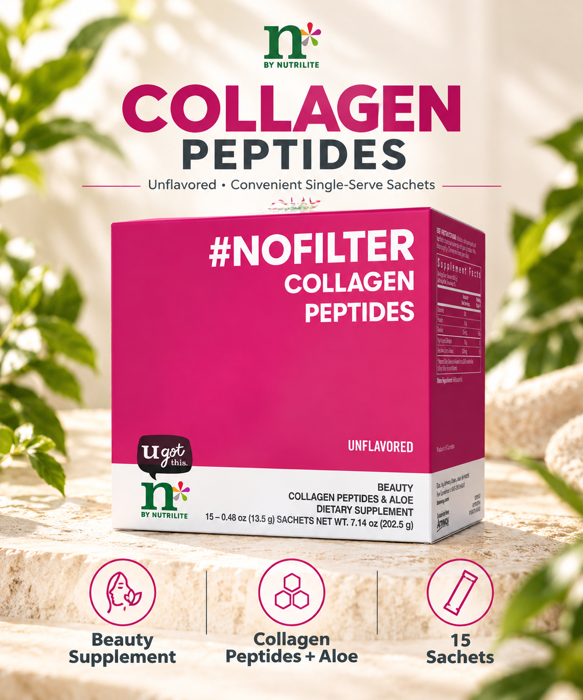 Amway n by Nutrilite No Filter Collagen Peptides Sachets 15 Pack | Collagen Peptides Powder | 15 Sachets | Collagen Drink Mix | Aloe Vera | Lemon Flavor | Nutrilite Collagen | Individual Sachets | Ready to Mix | Original Formula for Adults | 13 g Collagen