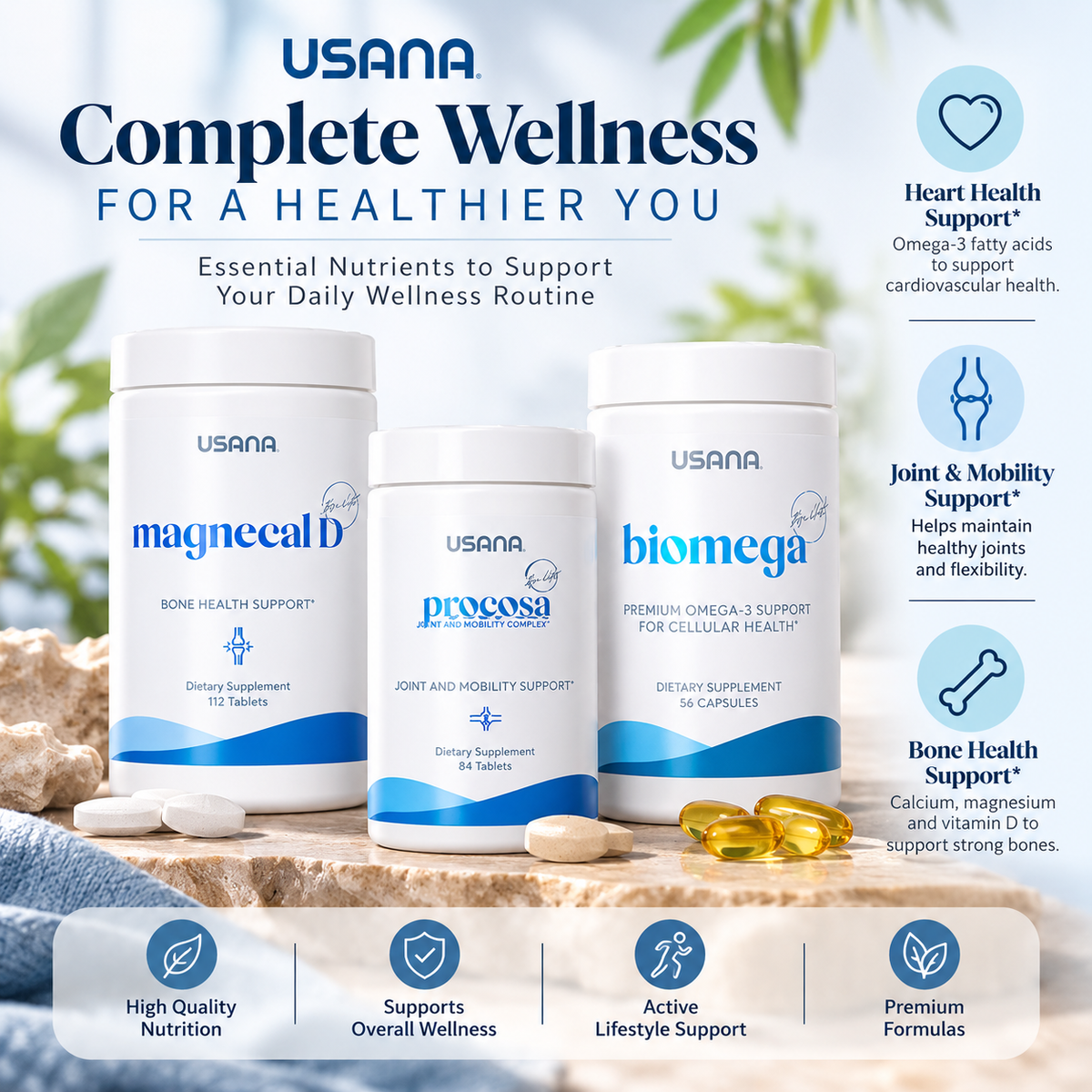 USANA Get Up + Go Bundle | Procosa MagneCal D BiOmega Omega 3 Bone Joint Heart Health Support Muscle Function Cartilage Mobility Calcium Magnesium Vitamin D Fish Oil Immune System Support Energy Metabolism Active Lifestyle Nutrition Pack