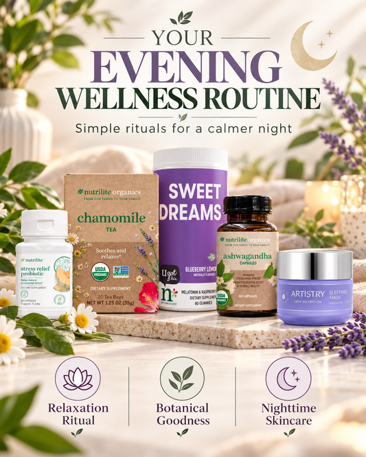 Amway Sleep +Nutrilite Stress Solution Bundle, Daily Wellness & Evening Routine Bundle, Chamomile Tea, Ashwagandha & Sleep Gummies, Nutrilite Wellness Bundle, Evening Routine, Chamomile Tea, Ashwagandha, Sleep Gummies, Daily Wellness Bundle, 3-Part Bundle