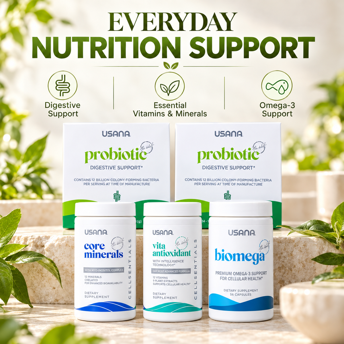 USANA Core Health Bundle | Cellsentials Vita Antioxidant Core Minerals BiOmega Omega 3 Daily Wellness Supplement Bone Heart Brain Immune Cellular Nutrition Energy Metabolism Muscle Function Essential Vitamins Minerals Fish Oil Support