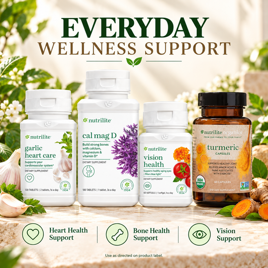 Amway Nutrilite Healthy Aging Solution Bundle | Garlic Heart Care | Cal Mag D | Vision Health | Turmeric Capsules | Garlic Extract Calcium Magnesium Vitamin D Turmeric Extract Lutein Zeaxanthin Nutrilite Wellness Collection