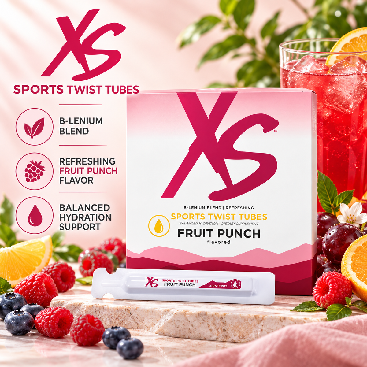 Amway XS Sports Twist Tubes Fruit Punch | Electrolyte Drink Mix | 20 Single-Serve Tubes | Fruit Punch Flavor | Drink Mix Powder | Individual Tubes | XS Sports | Electrolyte Beverage | Ready to Mix | Original Formula for Adults | 20 Servings | XS Product