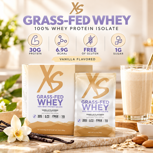 Amway XS Grass-Fed Whey Protein Vanilla, 10 Ready-to-Mix Sachets, 30g Protein Per Serving, Protein Powder Drink Mix, Single-Serve Packets, Vanilla Flavor, Fitness Nutrition, Convenient Travel Pack, Dietary Supplement
