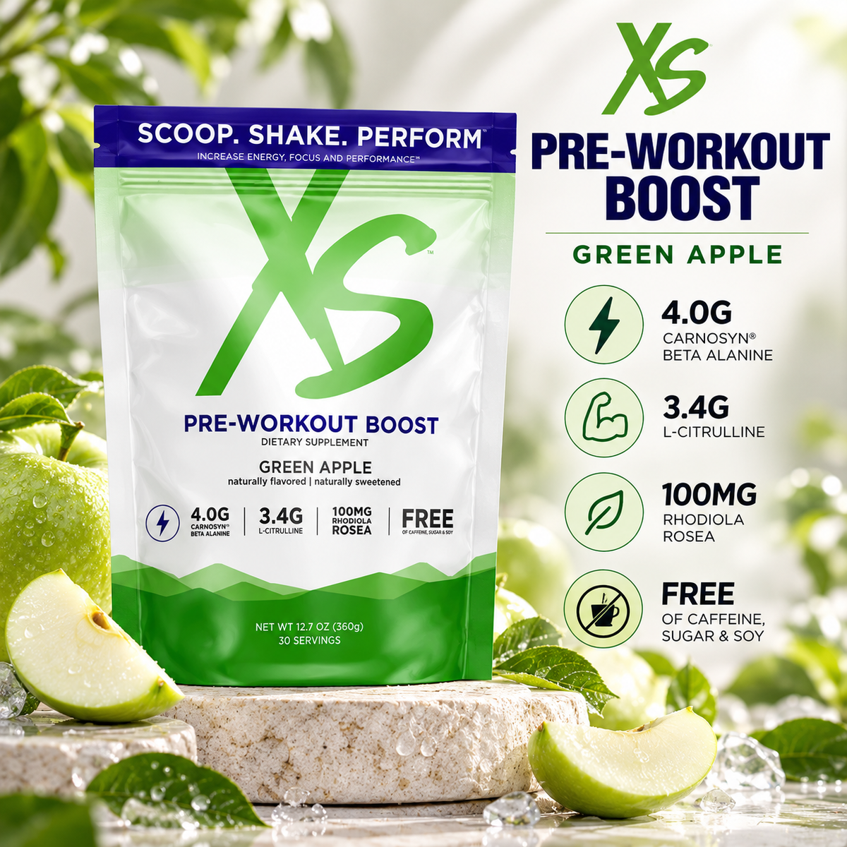 Amway XS Pre-Workout Boost Green Apple, 30 Servings, Pre-Workout Powder, Green Apple Pre-Workout Drink Mix, XS Pre-Workout Powder, Green Apple Powder, 30 Serving Pre-Workout Mix, Amway XS Drink Mix, Green Apple Flavor, Pre-Workout Drink, XS Green Apple Mi