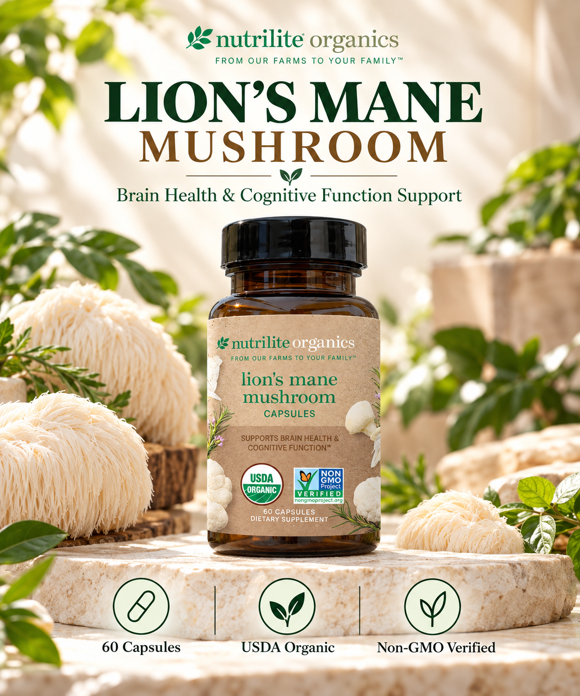 Amway Nutrilite Organics Lion’s Mane Mushroom Capsules 60 Capsules – Organic Mushroom Supplement with Lion’s Mane, Maitake Mushroom & Rosemary Extract – Vegetarian Gluten Free Soy Free Dairy Free Non-GMO – Premium Mushroom Capsules Natural Plant Extracts