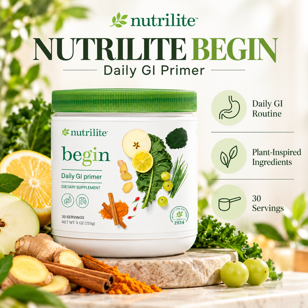 Amway Nutrilite Begin Daily GI Primer 30 Servings | Daily Nutrition Drink Fiber Enzymes Fermented Greens Dietary Supplement Essential Nutrients Cellular Nutrition Daily Wellness Nutritional Wellness Digestive Nutrition