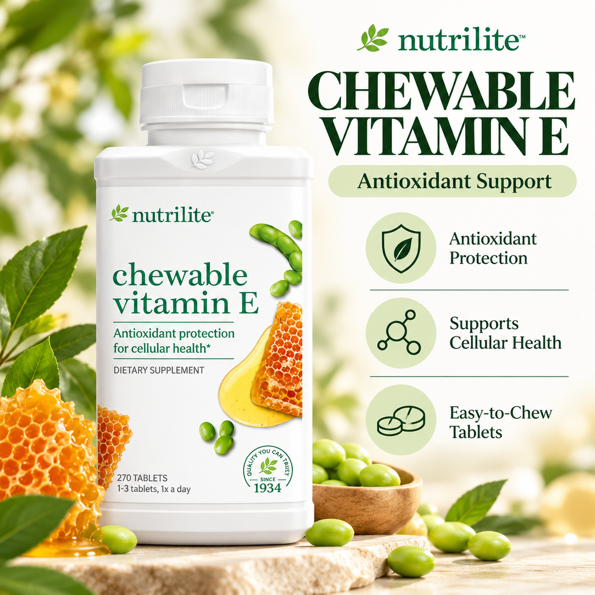 Amway Nutrilite Chewable Vitamin E 270 Tablets | Vitamin E with Plant-Based Lecithin | Maple Walnut Honey Flavor | Chewable Vitamin E Tablets | 270 Tablets | Lecithin | Nutrilite Vitamin E | Chewable Formula | Original Formula for Adults | Maple