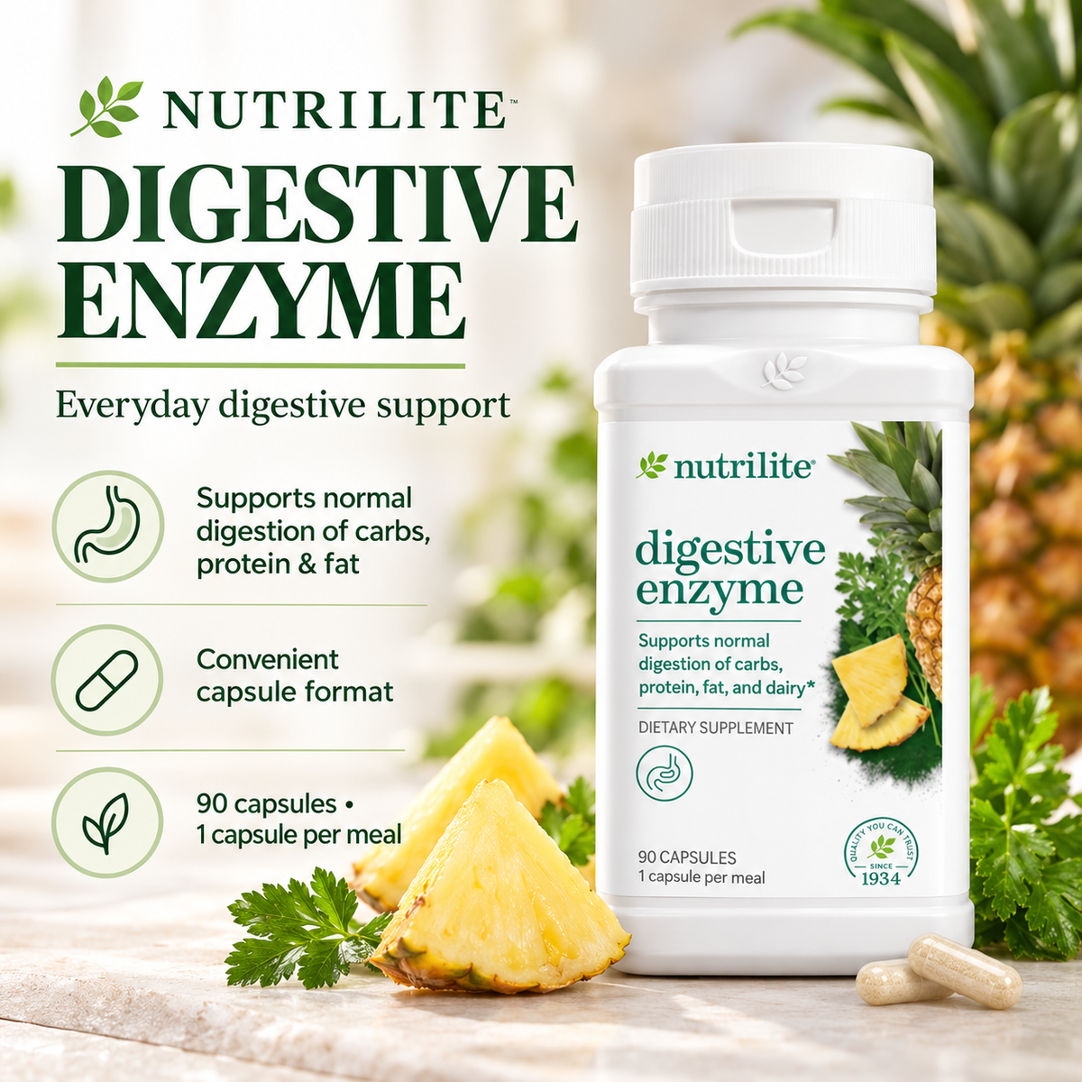 Nutrilite Digestive Enzyme 90 Capsules, Plant-Based Enzyme Supplement, Spirulina & Parsley Blend, Daily Digestive Support, Nutrient Absorption Formula, Natural Dietary Supplement, Adult Wellness, 90 Count