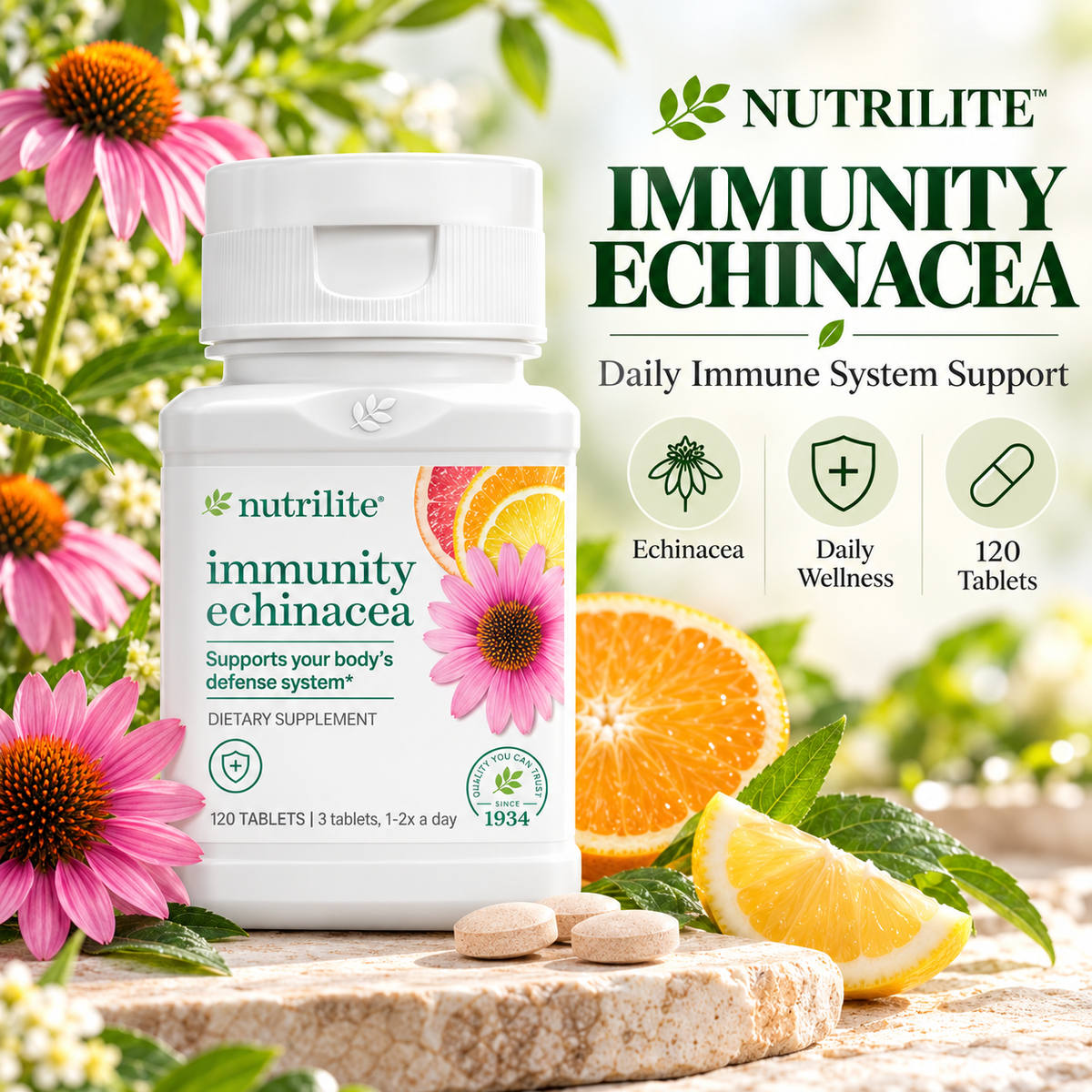 Amway Nutrilite Echinacea Immune Support Tablets 120 Count | Echinacea Extract | Acerola Cherry | Plant-Based Formula | Echinacea Tablets | Nutrilite Echinacea | 120 Tablets | Botanical Ingredients | Vegetarian | Gluten Free | Original Formula for Adults