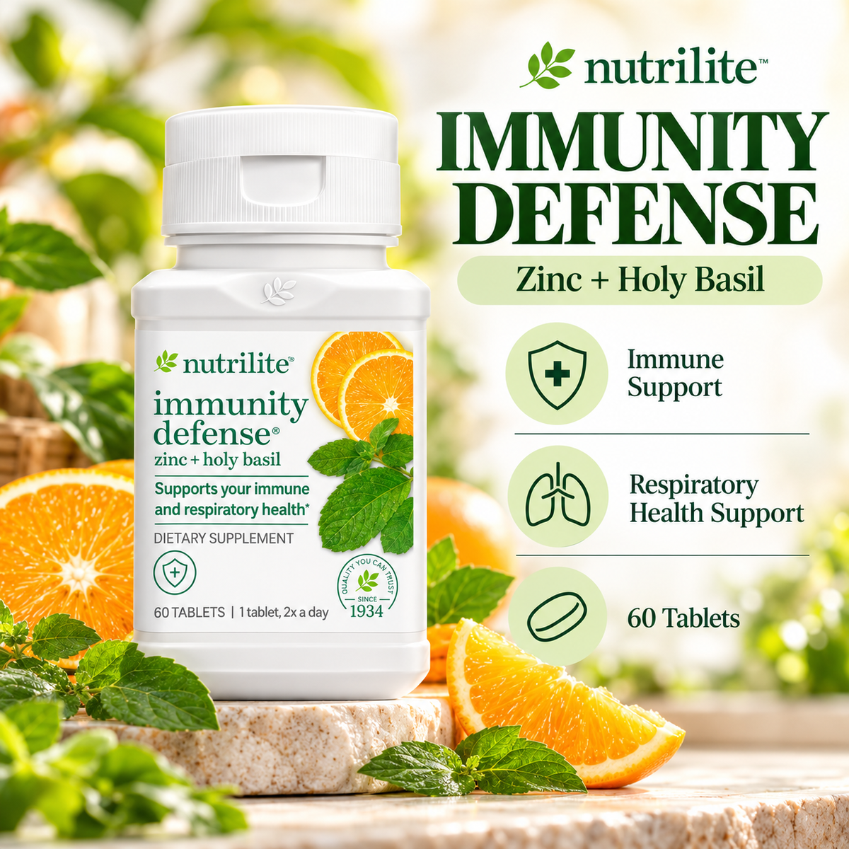 Amway Nutrilite Immunity Defense Zinc + Holy Basil 60 Tablets | Zinc with Holy Basil & Orange Bioflavonoids | Plant-Based Formula | Zinc Tablets | Holy Basil Extract | 60 Tablets | Nutrilite Zinc Formula Botanical Ingredients | Original Formula for Adults