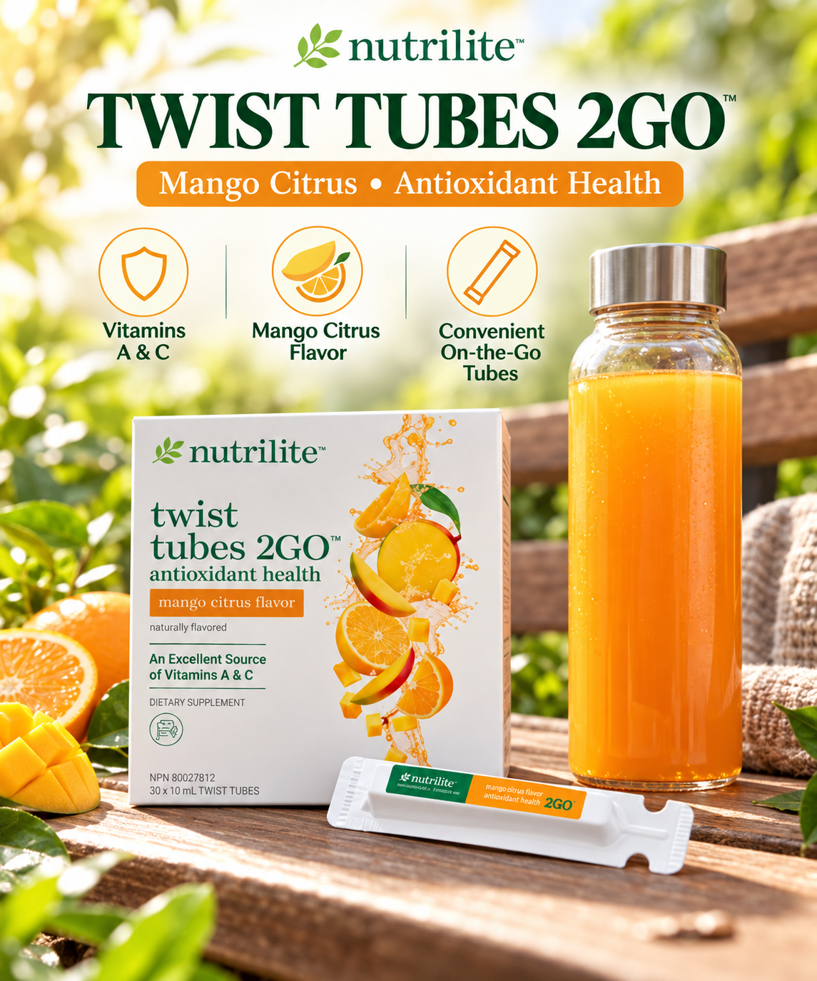 Nutrilite Twist Tubes 2GO Antioxidant Health Mango Citrus, 20 Tubes, Vitamin C & A Powder, Mango Citrus Drink Mix, Portable Drink Mix, Nutrilite Twist Tubes, 2GO Drink Mix, Mango Citrus Flavor, Vitamin C Powder, Vitamin A Powder, 20 Tube Pack