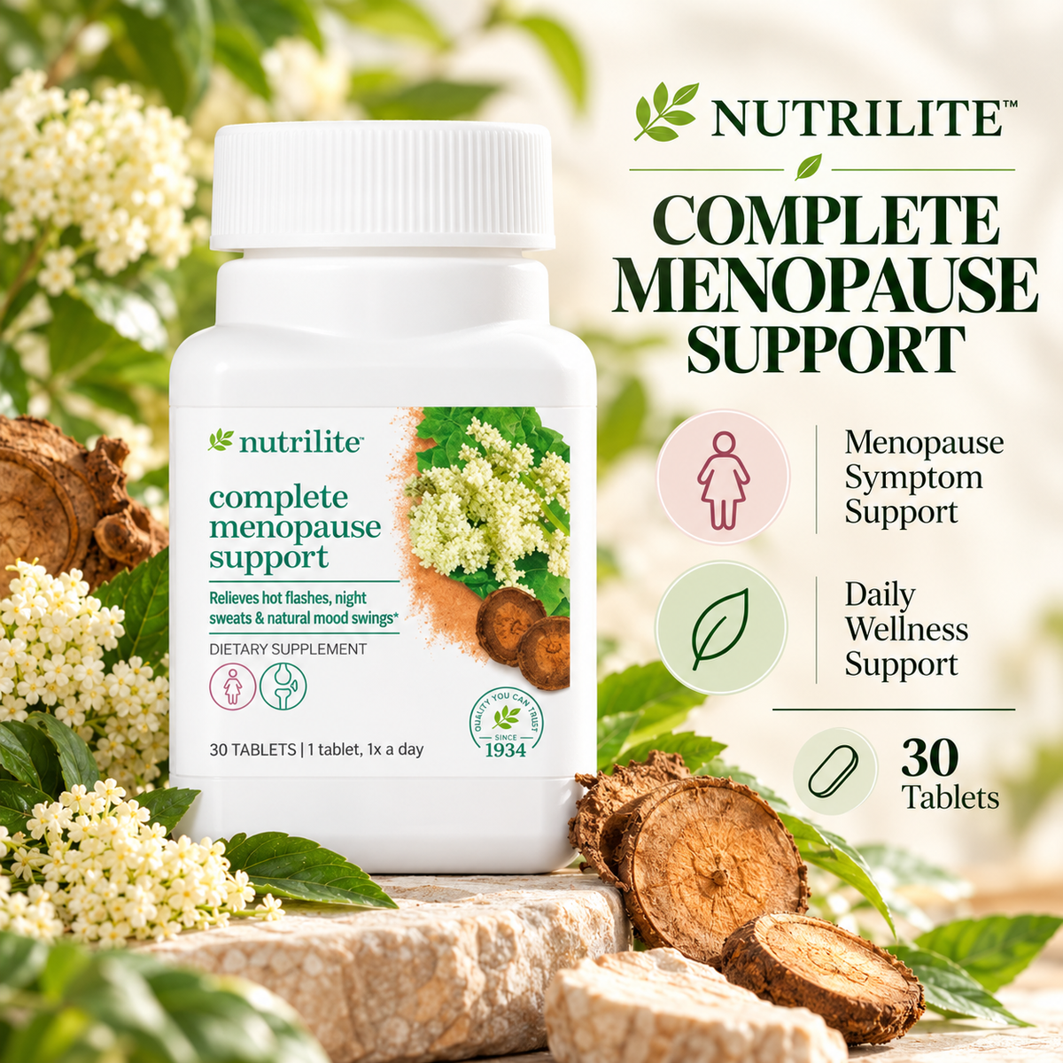 Amway Nutrilite Complete Menopause Support Tablets 30 Count | Siberian Rhubarb Extract | Plant-Based Compounds | Rhubarb Extract Tablets | Nutrilite Menopause Support | 30 Tablets | Botanical Ingredient Formula | Vegetarian | Gluten Free | Soy Free