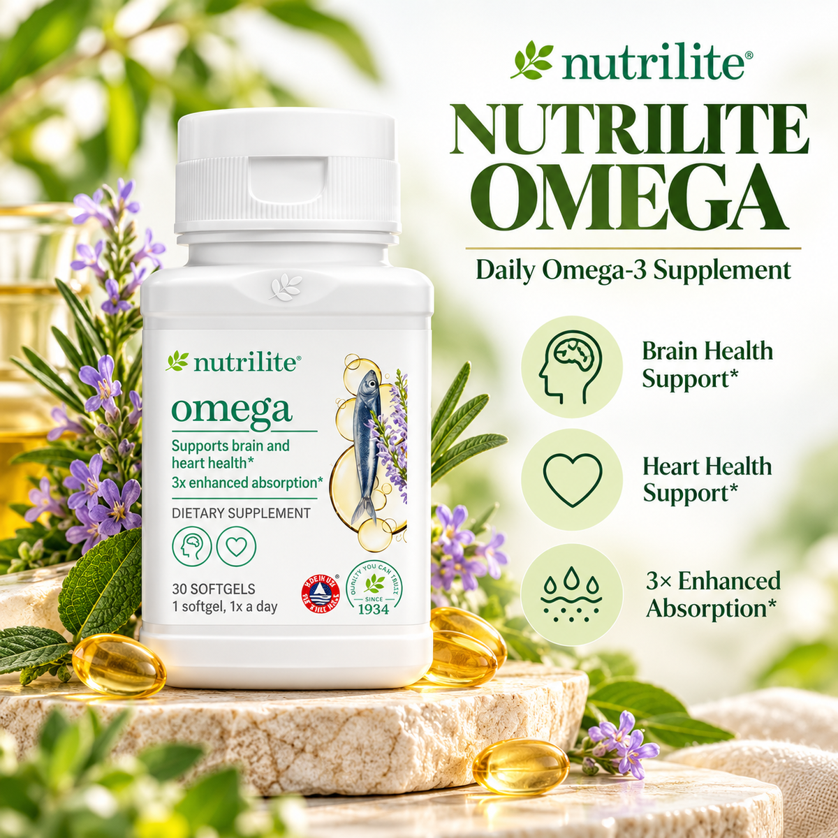 Amway Nutrilite Omega  Softgels, 30 Count, Fish Oil EPA DHA ALA Formula, Omega 3 Supplement, Fish Oil Softgels, EPA DHA Softgels, ALA Supplement, Nutrilite Omega 3, Omega 3 Fish Oil Capsules, 30 Count Softgels, Daily Nutrient Fish Oil Nutrient Supplement