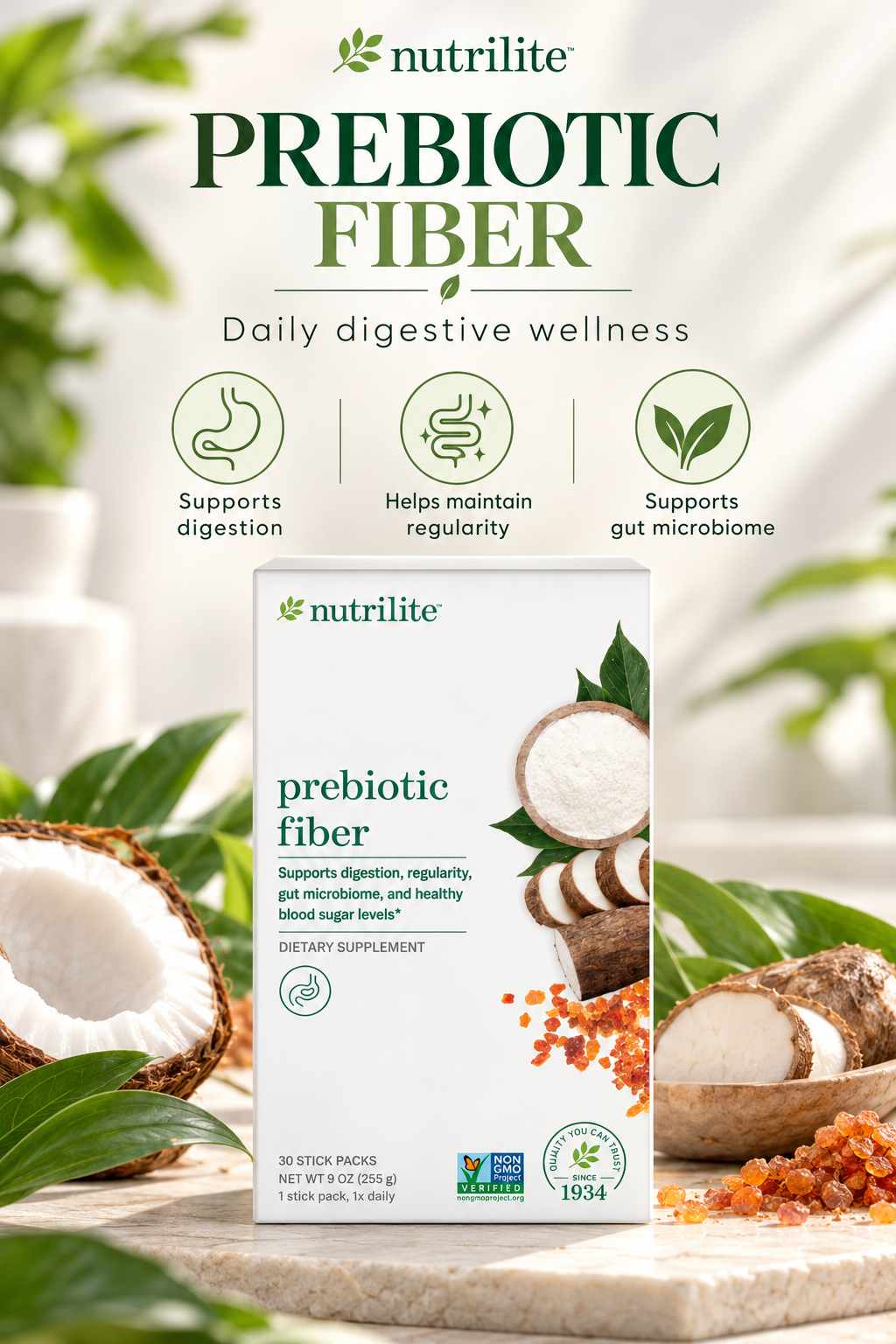 Amway Nutrilite Prebiotic Fiber | Soluble Plant-Based Fiber | 30 Stick Packs | Inulin Fiber | Prebiotic Fiber Powder | Nutrilite Fiber | Plant-Based Fiber Formula | Fiber Stick Packs | 30 Packets | Soluble Fiber | Individual Sticks | Original Nutrilite