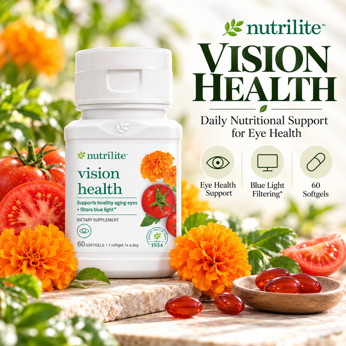Amway Nutrilite Vision Health Softgels 60 Count | Lutein Zeaxanthin Blend | Marigold Extract Lycopene Beta Carotene Zinc | Softgel Formula | Nutrilite Vision Health | 60 Softgels | Carotenoid Nutrients | Plant Extract Formula | Original Formula for Adults