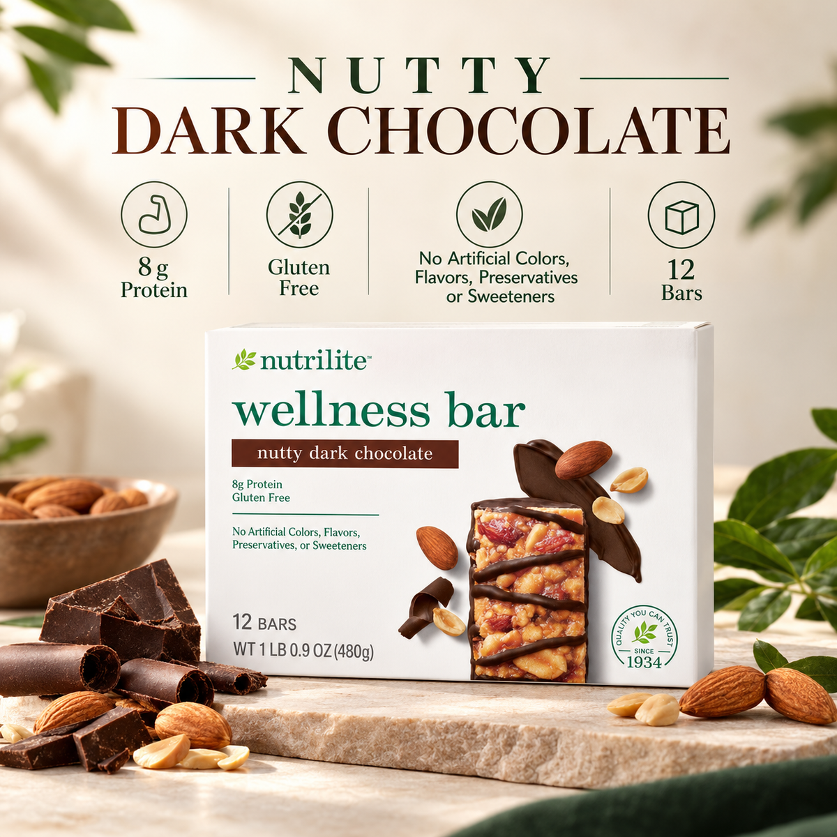 Nutrilite Wellness Bars Nutty Dark Chocolate, 12 Bars, Protein Snack Bar, Nuts & Dark Chocolate, Daily Nutrition, Wellness Snack Bars, Nutty Dark Chocolate Bars, Protein Snack, Snack Bar, Nutrilite Wellness Bars, 12 Bar Pack, Dark Chocolate Nut Bar Snack.