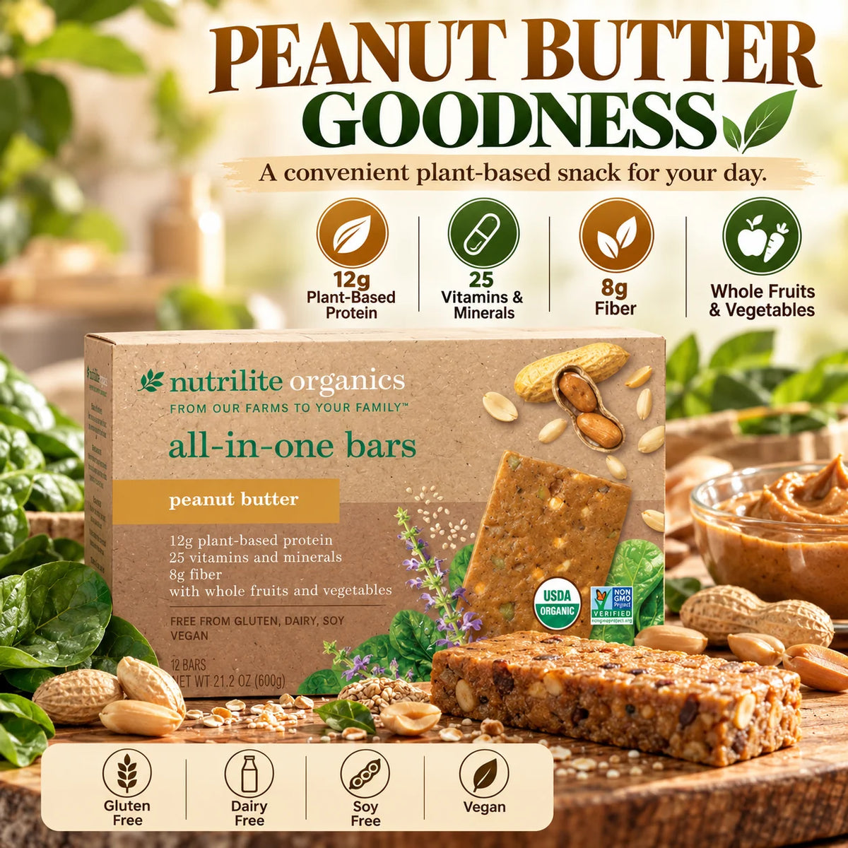 Amway Nutrilite Organics All-in-One Bars Peanut Butter 12 Pack | Vegan Protein Snack Bar with Fiber Vitamins Minerals | USDA Organic | Plant-Based | Dairy-Free | Gluten-Free | Peanut Butter Flavor | Cocoa | Organic Plant Ingredients | Original Formula