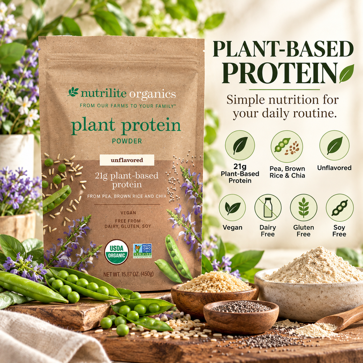 Amway Nutrilite Organics Unflavored Plant Protein Powder | 21 g Protein Per Serving | Organic Plant Protein Blend | Unflavored Protein Powder | Pea Rice Pumpkin Seed Protein | Plant-Based Powder | USDA Organic | Nutrilite Organics | Protein Powder Mix