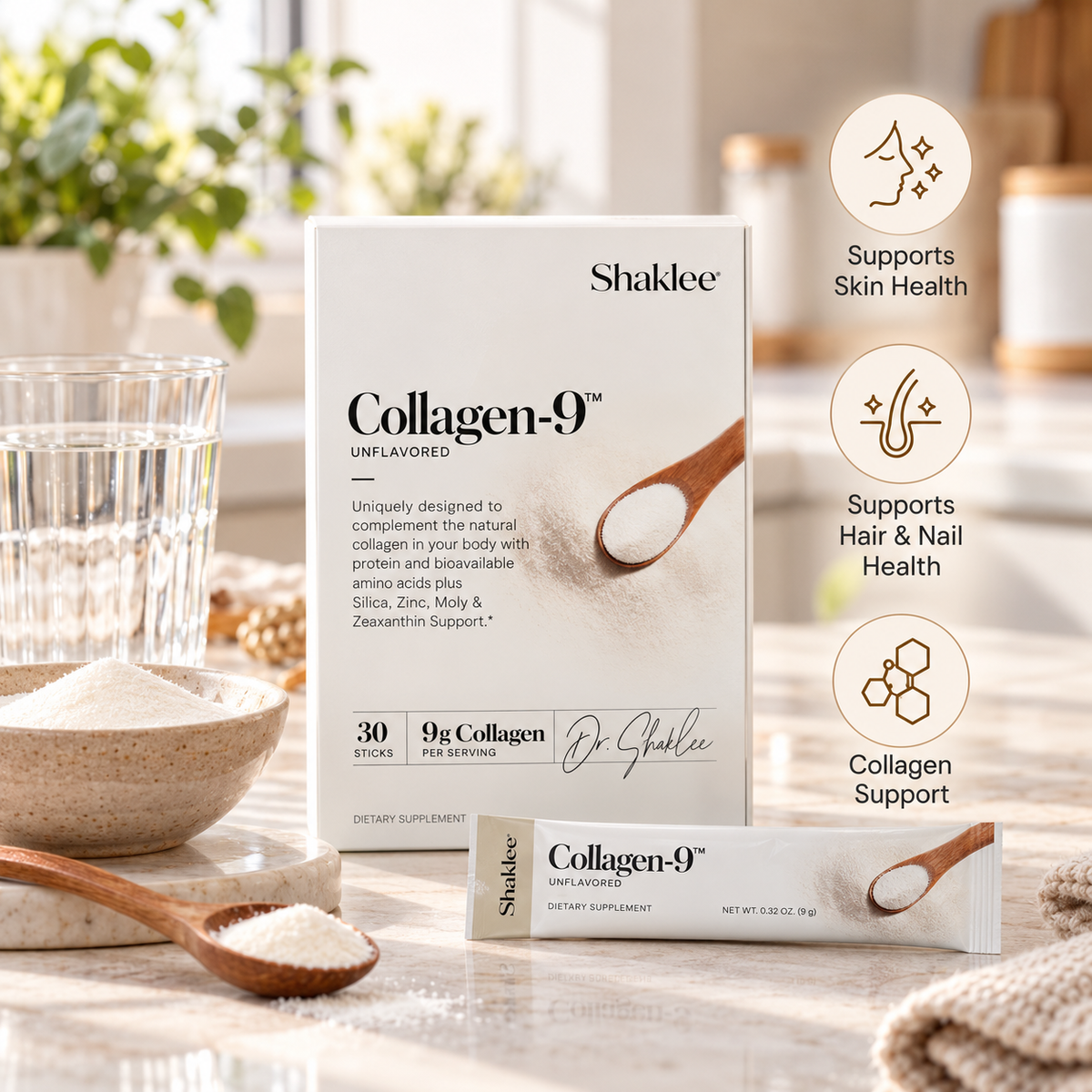 Shaklee Collagen-9 Collagen Powder with Biotin and Vitamin C, 20 Servings