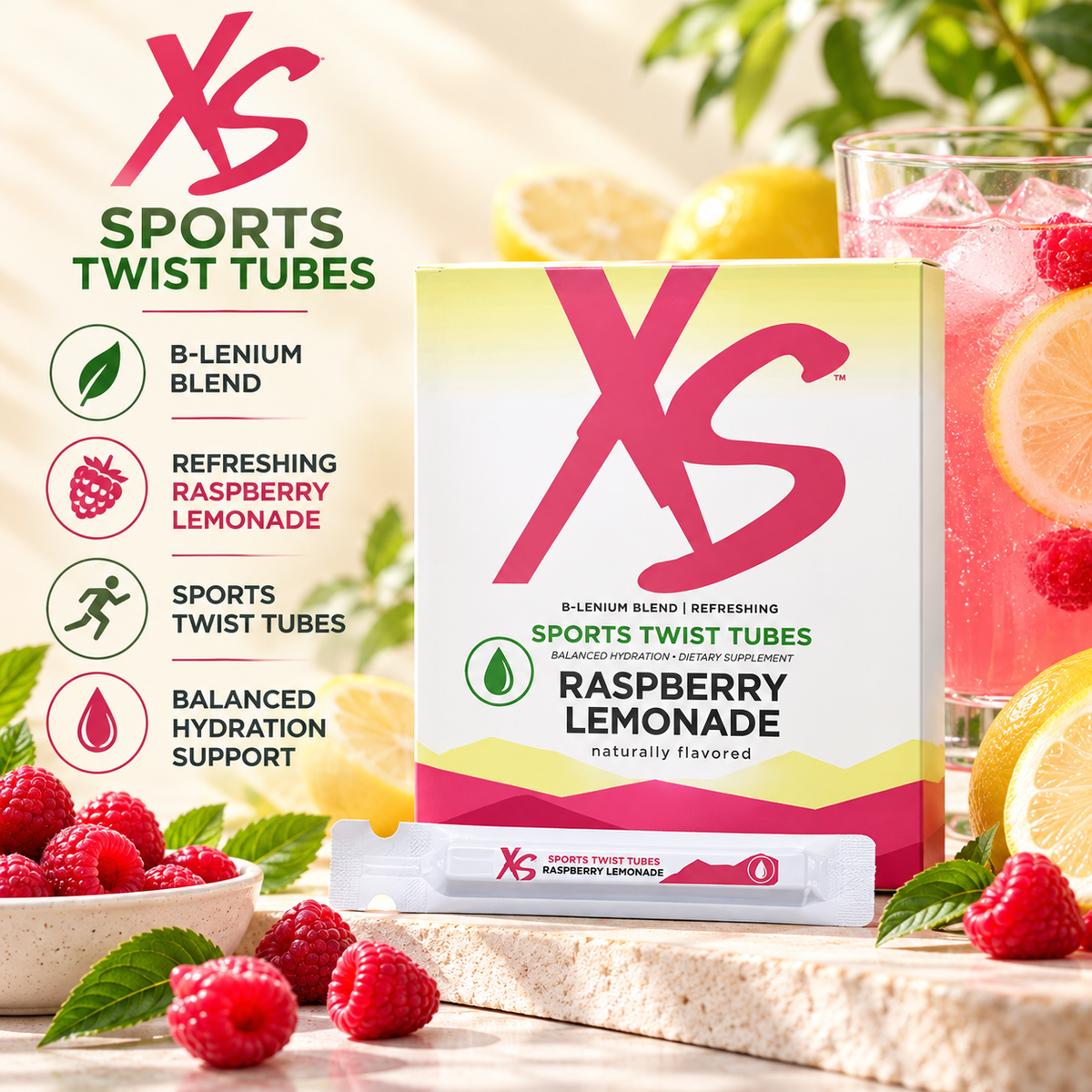 Amway XS Sports Twist Tubes Raspberry Lemonade | Electrolyte Drink Mix | 20 Single-Serve Tubes | Raspberry Lemonade Taste | Drink Mix Powder | Individual Tubes | XS Sports | Electrolyte Beverage | Ready to Mix | Original Formula | 20 Servings | XS Product
