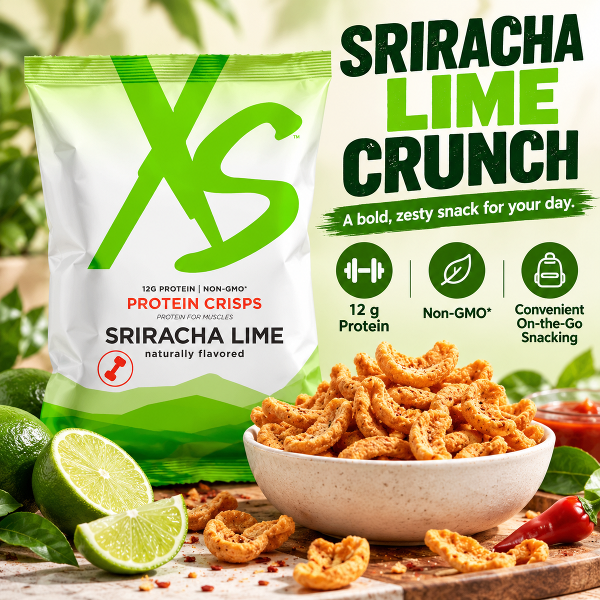 Amway XS Protein Crisps Sriracha Lime | 12 Bags | 12 g Pea Protein Per Serving | Pea Protein Crisps | Sriracha Lime Flavor | Protein Snack Crisps | Pea Protein Snack | 12 Count | XS Protein | Ready-to-Eat Snack | Savory Crisps | Original XS Product