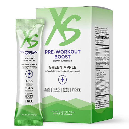 Amway XS Pre Workout Boost Green Apple | 12 Stick Packs Pre Workout Drink Mix Dietary Supplement Daily Wellness Essential Nutrients Cellular Nutrition Daily Nutrition Nutritional Wellness Energy Nutrition
