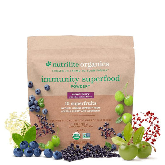 Amway Nutrilite Organics Immunity Superfood Powder 30 Servings | Organic Superfruit Blend with Acerola Cherry & Elderberry | Berry Powder Mix | Acerola Cherry | Elderberry | Plant-Based Ingredients | 30 Servings | Nutrilite Organics Powder | Fruit Blend