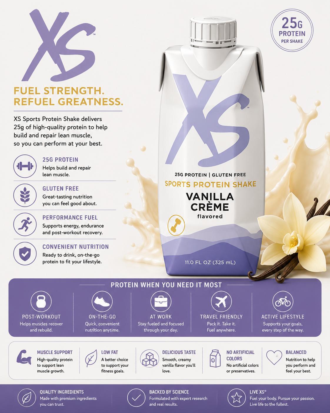 Amway XS Sports Protein Shakes Vanilla Creme | Ready to Drink Protein Shake | 25 g Protein | 12 Pack | Vanilla Creme Protein Shake | XS Sports Shake | Ready Drink Shake | Protein Shake Pack | Vanilla Creme Flavor | 12 Pack | XS Sports Protein Beverage 25g
