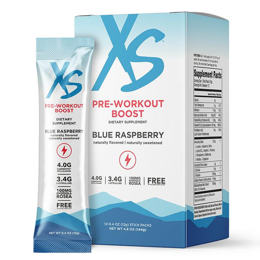 Amway XS Pre-Workout Boost Blue Raspberry, 12 Stick Packs, Pre-Workout Drink Mix, Blue Raspberry Pre-Workout, XS Pre-Workout 