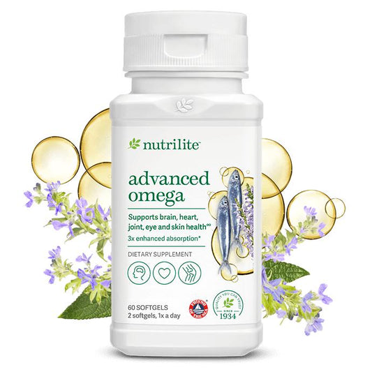 Amway Nutrilite Advanced Omega 60 Softgels | Omega 3 Fish Oil with Chia | DHA EPA ALA | Fish Oil Softgels | Chia Seed Oil | Omega 3 Formula | 60 Softgels | Nutrilite Omega | Easy Absorption | Sustainable Sourcing | Original Formula for Adults | Omega Pack
