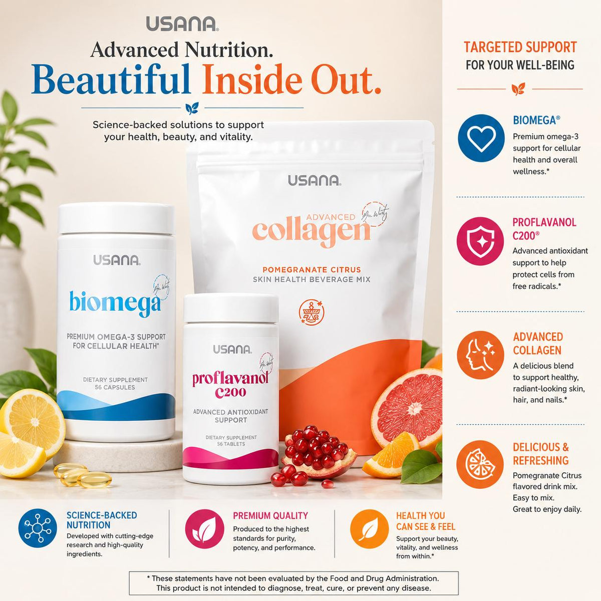 USANA Beauty Glow Bundle | Advanced Collagen Proflavanol C200 BiOmega Collagen Peptides Vitamin C Omega Beauty Collection USA