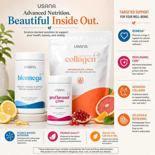 USANA Beauty Glow Bundle | Advanced Collagen Proflavanol C200 BiOmega Collagen Peptides Vitamin C Omega Beauty Collection USA