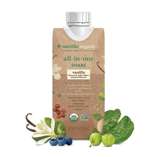 Amway Nutrilite Organic Vanilla Ready-to-Drink Shake 12 Pack | Plant Protein Fiber | 20 g Protein 5 g Fiber | Vanilla Flavor | Vegan | Caffeine Free | Ready-to-Drink Beverage | 12 Bottles | Organic Vanilla | Plant-Based Ingredients | Original Formula
